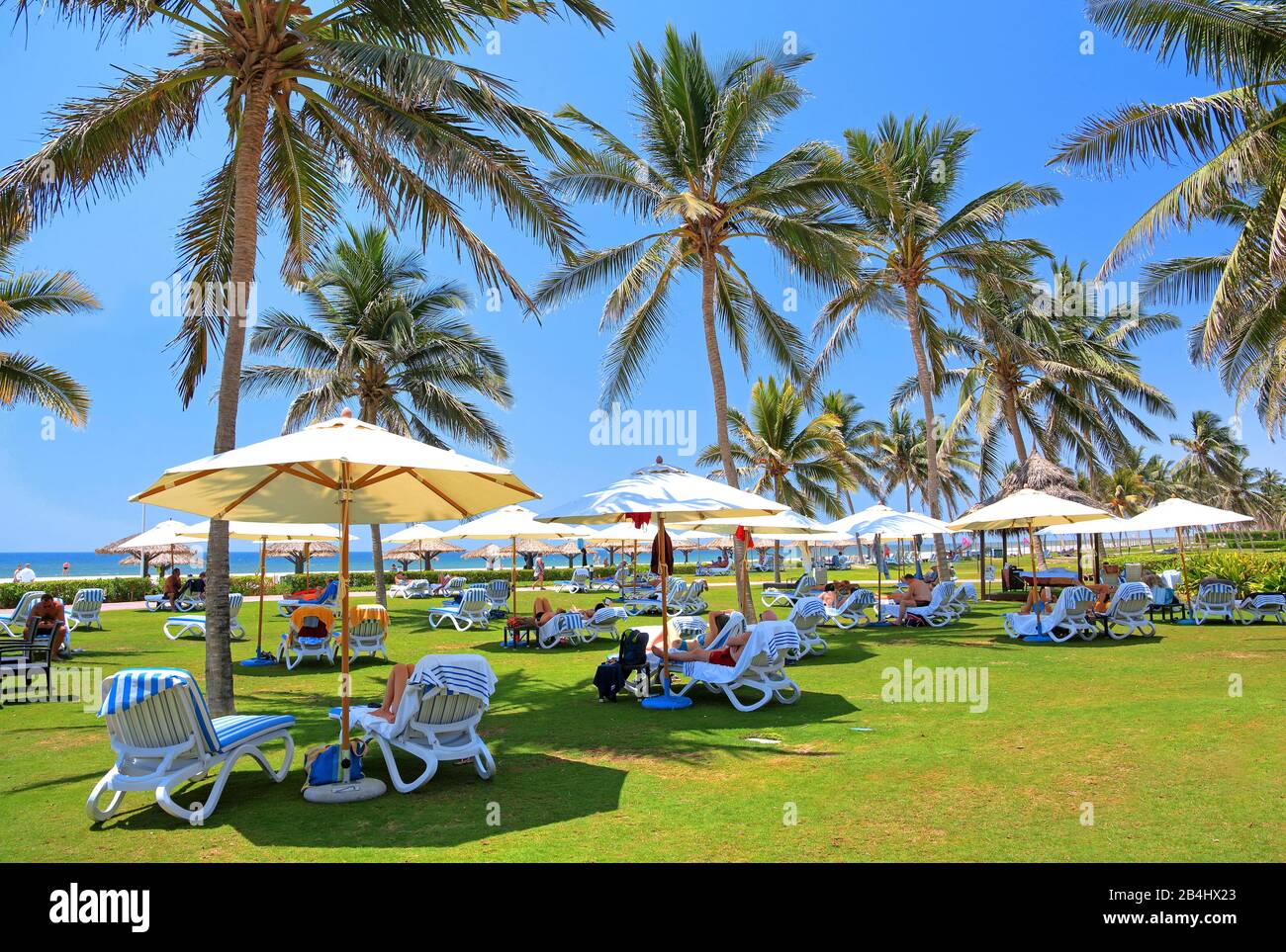 Jardín con tumbonas y sombrillas del complejo hotelero Crowne Plaza, Salalah, Mar Arábigo, Omán Foto de stock