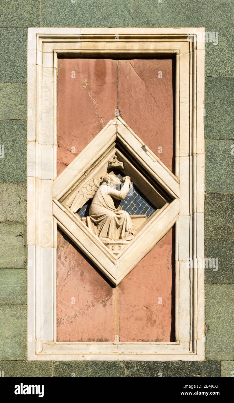Italia, Florencia, Catedral 'Santa Maria del Fiore', Spes, Hope, detalles en el campanario, Campanile di Giotto, lado sur Foto de stock