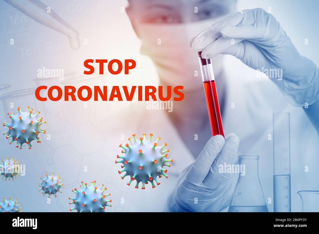 El concepto de riesgo coronavirus y riesgo para la salud pública. Detenga el coronovirus. Concepto médico pandémico con células peligrosas. Ilustración 3D. Foto de stock