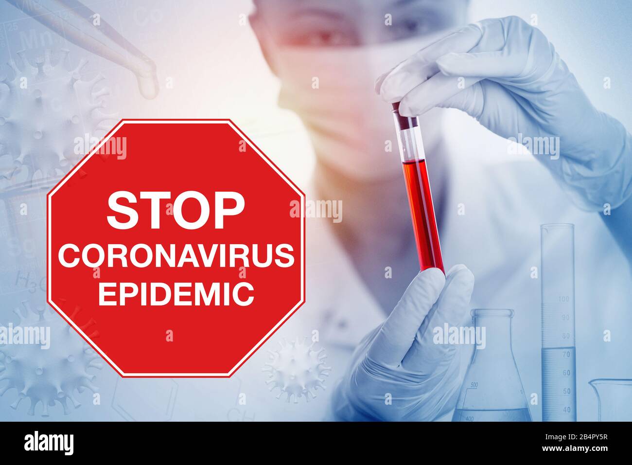 El concepto de riesgo coronavirus y riesgo para la salud pública. Detenga el coronovirus. Concepto médico pandémico con células peligrosas. Ilustración 3D. Foto de stock