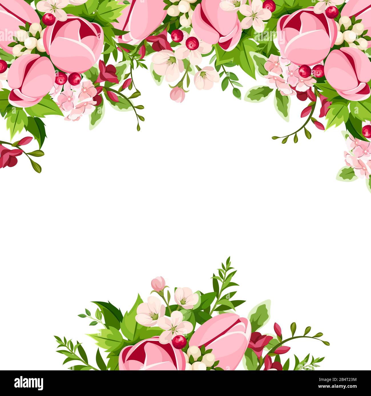 Tarjeta de felicitación vectorial o invitación con tulipán rosa y flores de freesia. Ilustración del Vector