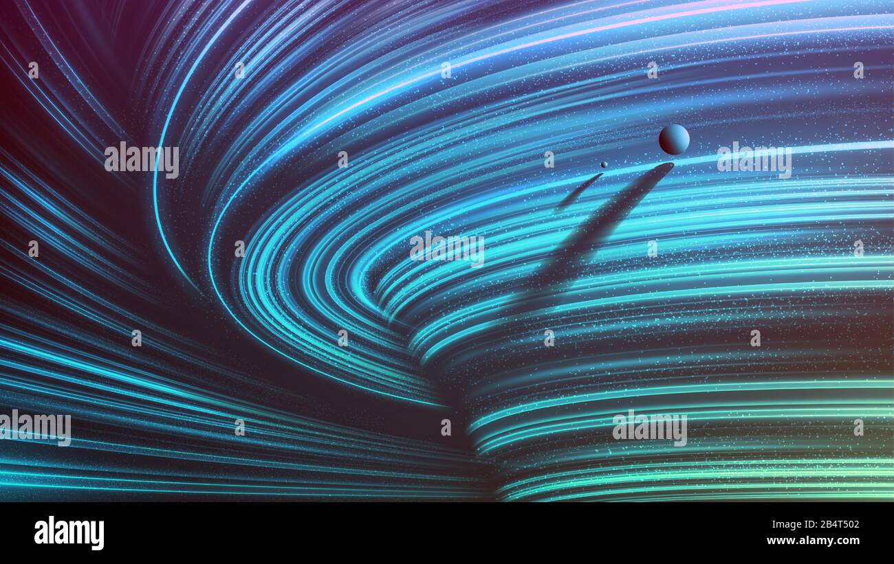 Una ilustración imaginaria de ciencia ficción del campo de gravedad desconocido que tiene 2 planetas orbitando. Ilustración del Vector