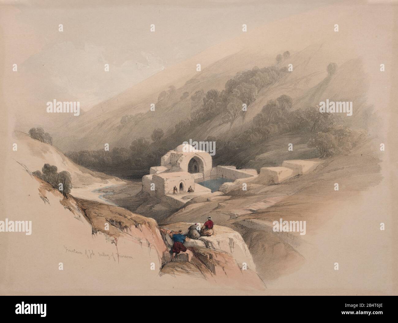 Fuente de Job, Valle de Hinnom, Jerusalén Litografía a color por David Roberts (1796-1864). Una reimpresión de grabado de Louis Haghe fue publicada en el libro "la Tierra Santa, Siria, Idumea, Arabia, Egipto y Nubia. En 1855 por D. Appleton & Co., 346 & 348 Broadway en Nueva York. Foto de stock