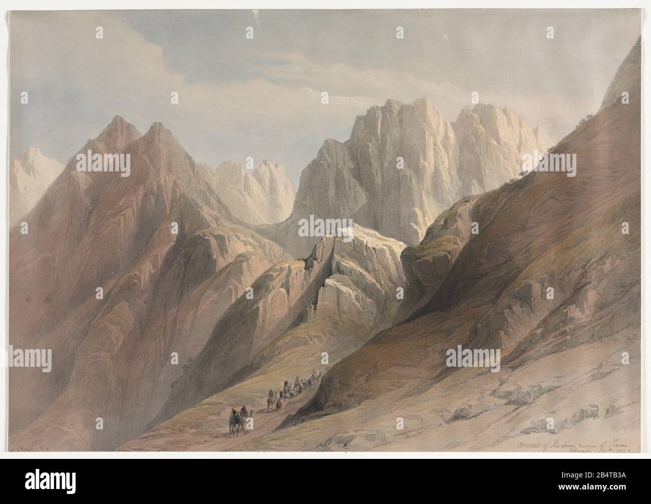 Ascenso de la Cordillera Baja del Sinaí con una caravana de camellos Litografía de color por David Roberts (1796-1864). Una reimpresión de grabado de Louis Haghe fue publicada en el libro "la Tierra Santa, Siria, Idumea, Arabia, Egipto y Nubia. En 1855 por D. Appleton & Co., 346 & 348 Broadway en Nueva York. Foto de stock