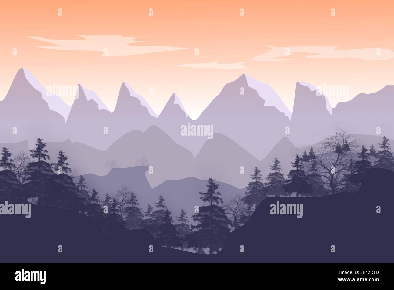 Vector paisajístico de una cadena montañosa con árboles y un bosque