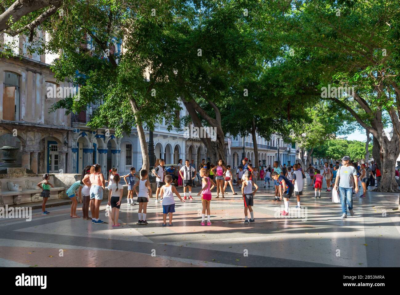 Grupo de niños jugando en Paseo del Prado, la Habana, Cuba. Los niños cubanos se divierten en un bulevar cerca del centro de la ciudad. Actividad de integración comunitaria. Foto de stock