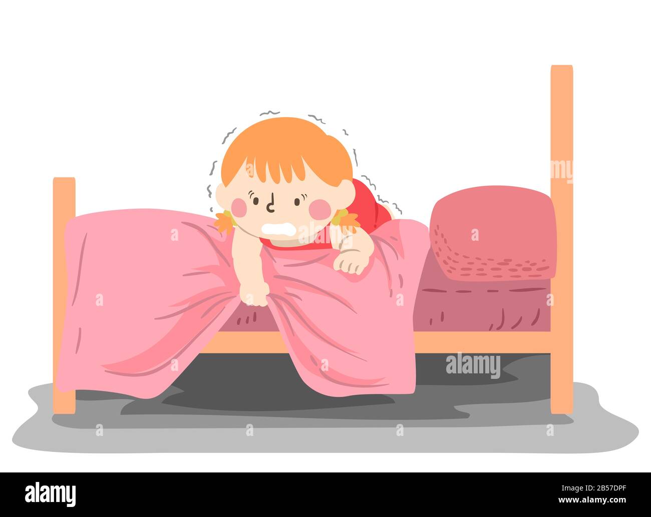 Ilustración de una niña Asustada Y Temblorosa Tirando De Su cubierta de la cama y Tratando de ver lo que está Debajo De Su cama Foto de stock