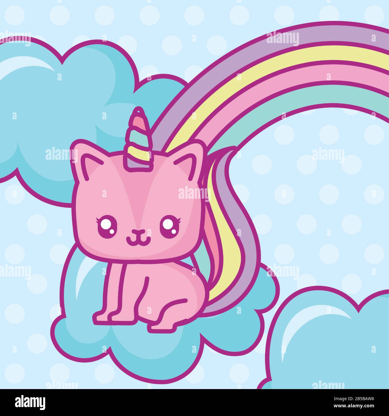 nubes con unicornio kawaii y arco iris sobre fondo púrpura, diseño  colorido, ilustración vectorial Imagen Vector de stock - Alamy