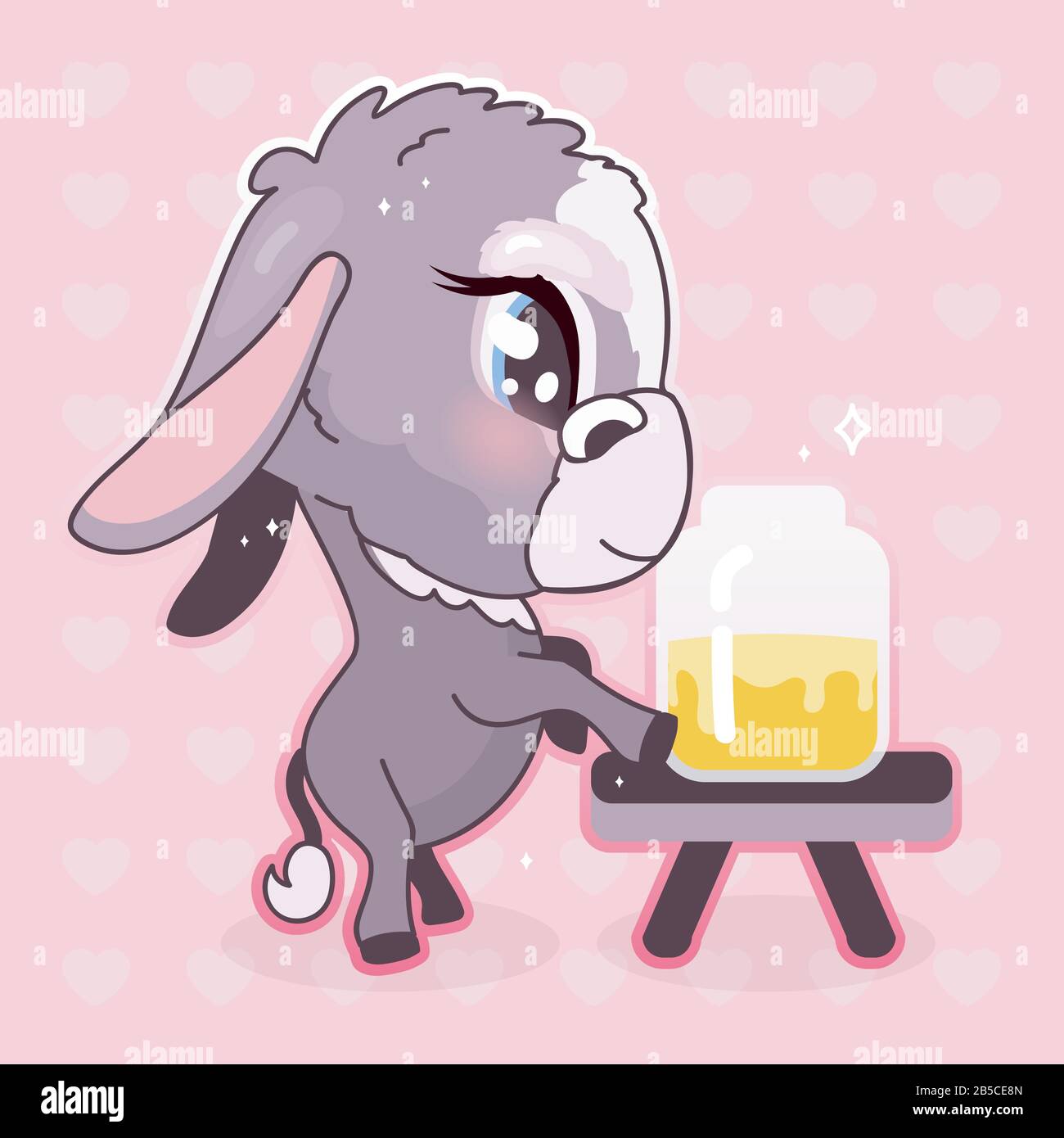 Lindo burro kawaii personaje vectorial de dibujos animados. Adorable y  divertido animal degustación de miel en tarro aislado pegatina, parche,  ilustración de la niña. ANIME bebé Imagen Vector de stock - Alamy