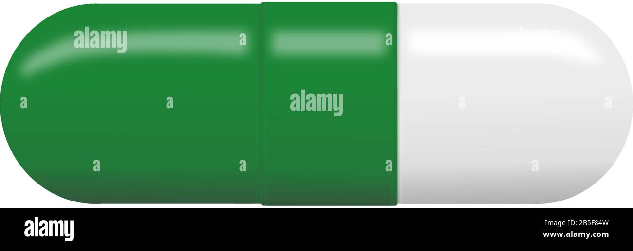 Cápsula de medicina rx verde y blanca simple. Esta pastilla puede ser fácilmente cambiada de color en el archivo EPS. Ilustración del Vector