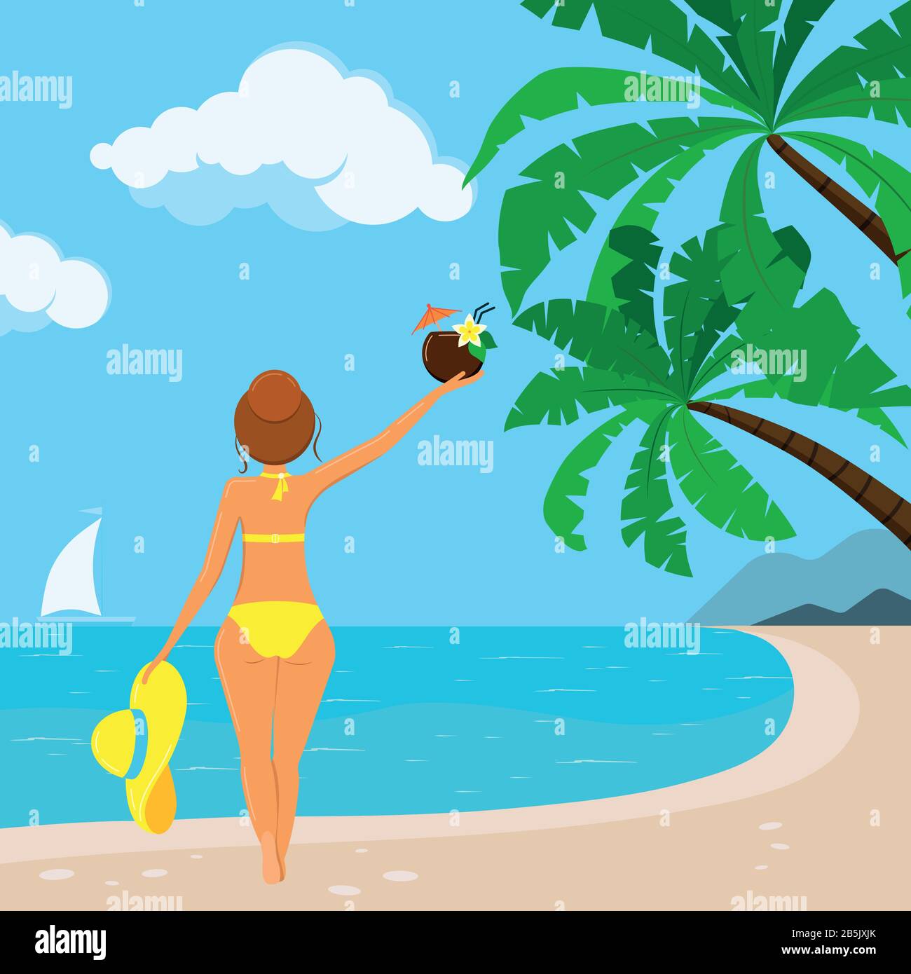 Mujeres bonitas en traje de baño con sombrero, cóctel de coco hawai en el  fondo de la playa tropical con palmeras, mar, velero Imagen Vector de stock  - Alamy