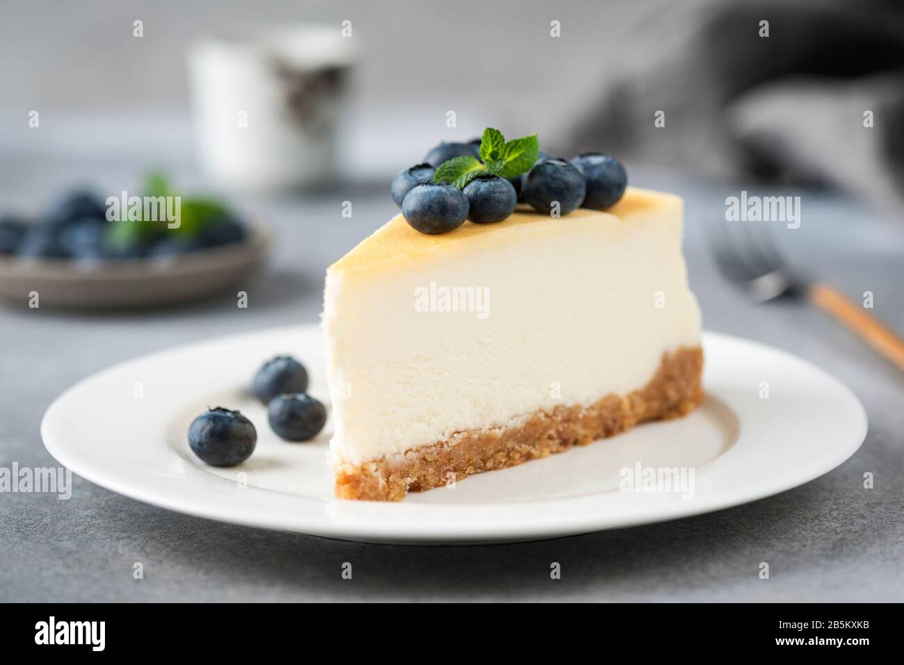 Tarta de queso con arándanos en un plato blanco, vista de primer plano. Sabrosa tarta de crema Foto de stock