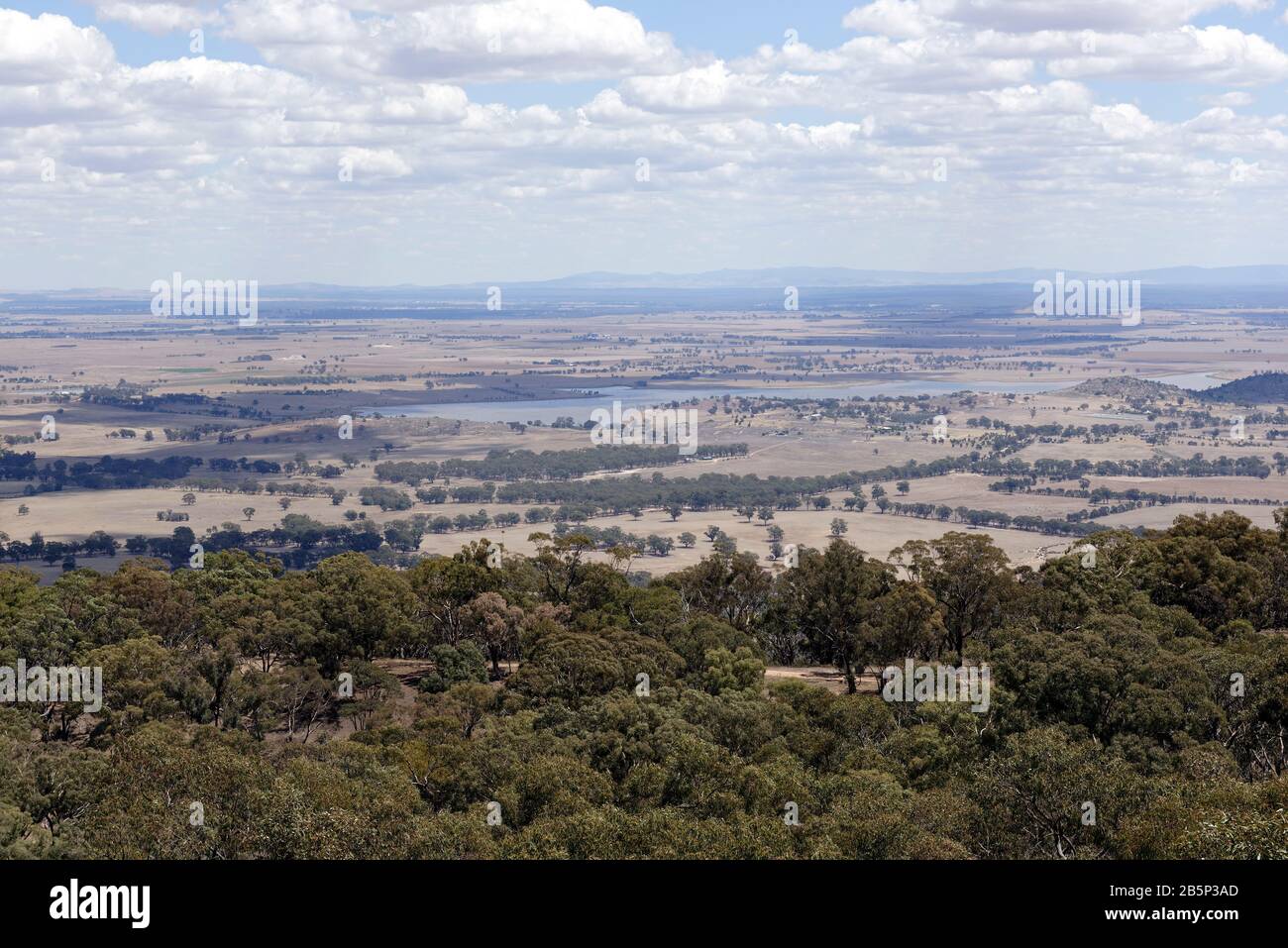 Vista panorámica del campo desde la torre mirador del Monte Tarrengower, Maldon, Victoria, Australia. La torre fue abierta en 1924 y se sienta en el Foto de stock