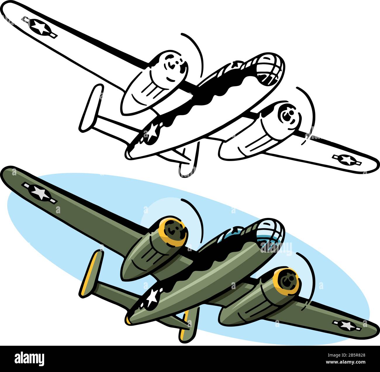 Dibujo de un avión bombardero B-25 de la Segunda Guerra Mundial estadounidense. Ilustración del Vector