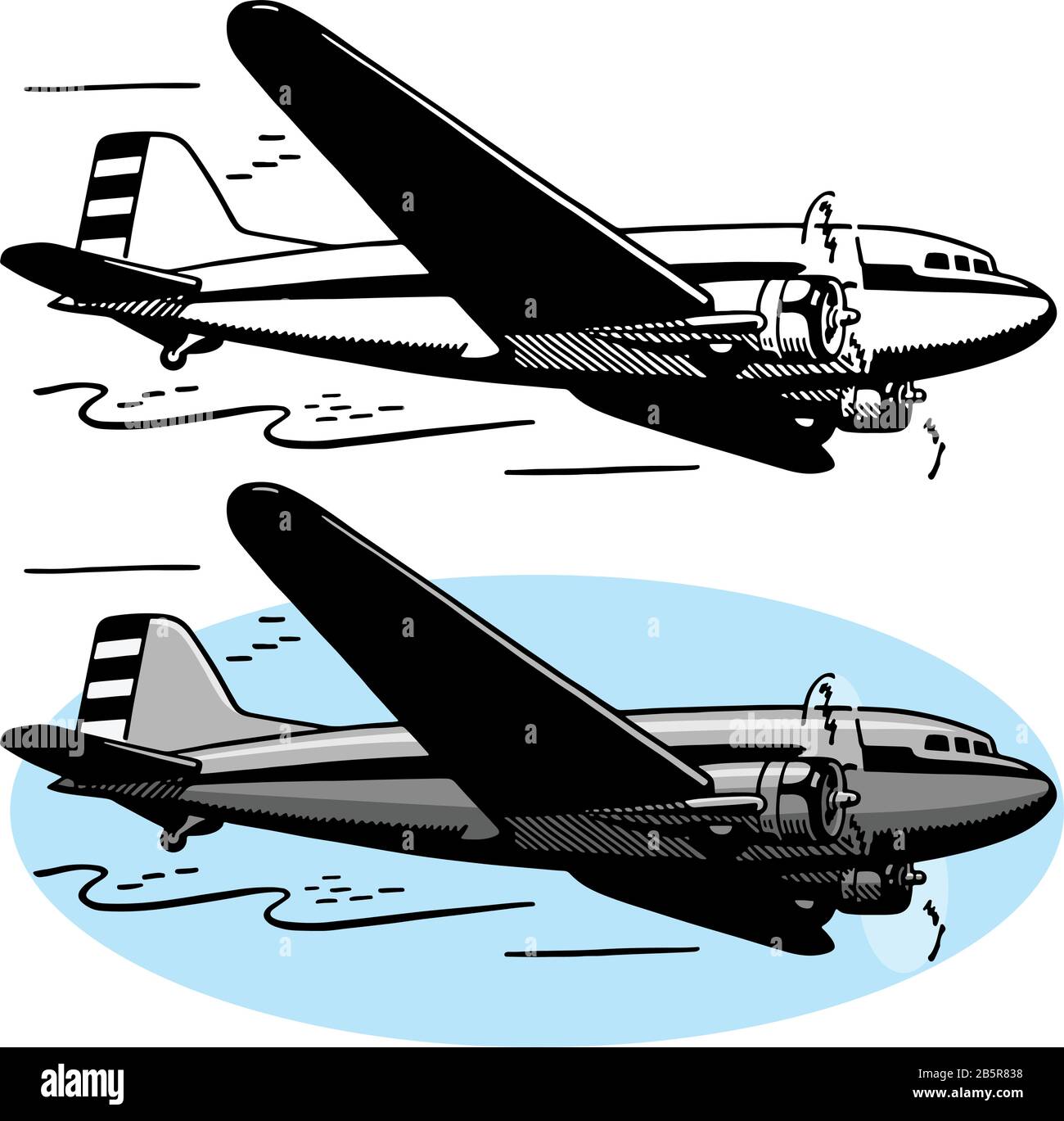 Dibujo de un avión de transporte Douglas de la era C-47 de la Segunda Guerra Mundial Americana. Ilustración del Vector