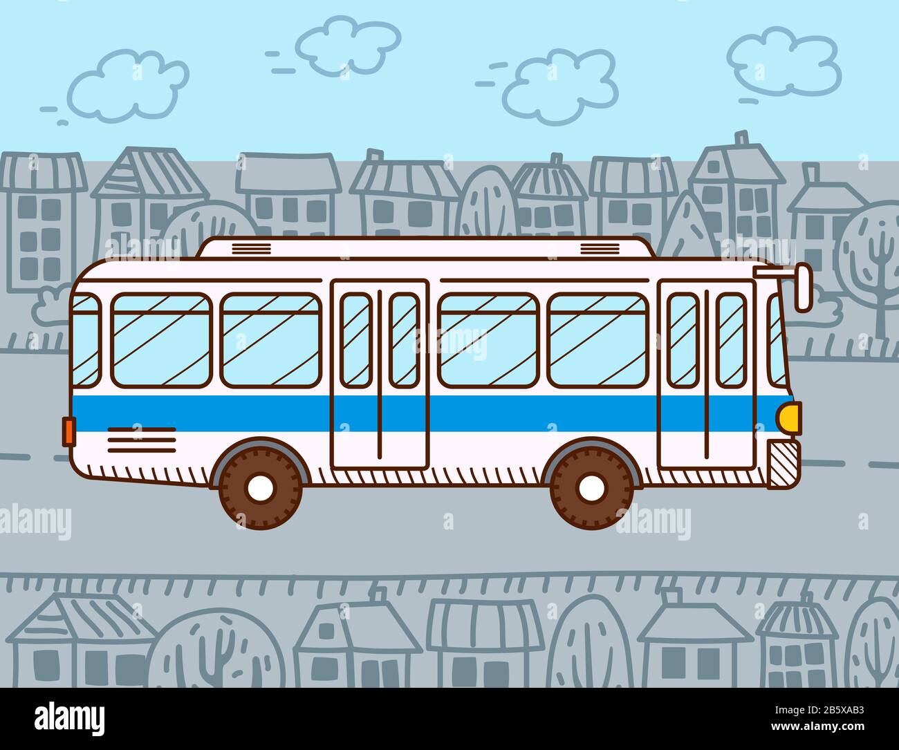 Autobús blanco de pasajeros en la ciudad. Estilo de dibujos animados.  Transporte público urbano. Diseño plano. Vector Imagen Vector de stock -  Alamy