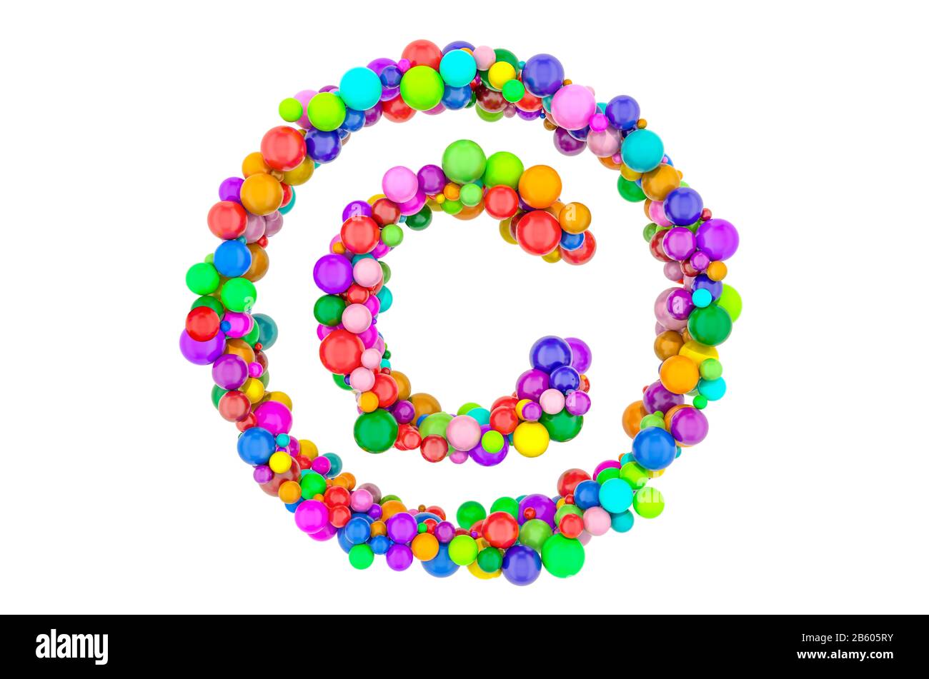 Signo de copyright de bolas de colores, representación 3D aislada sobre fondo blanco Foto de stock
