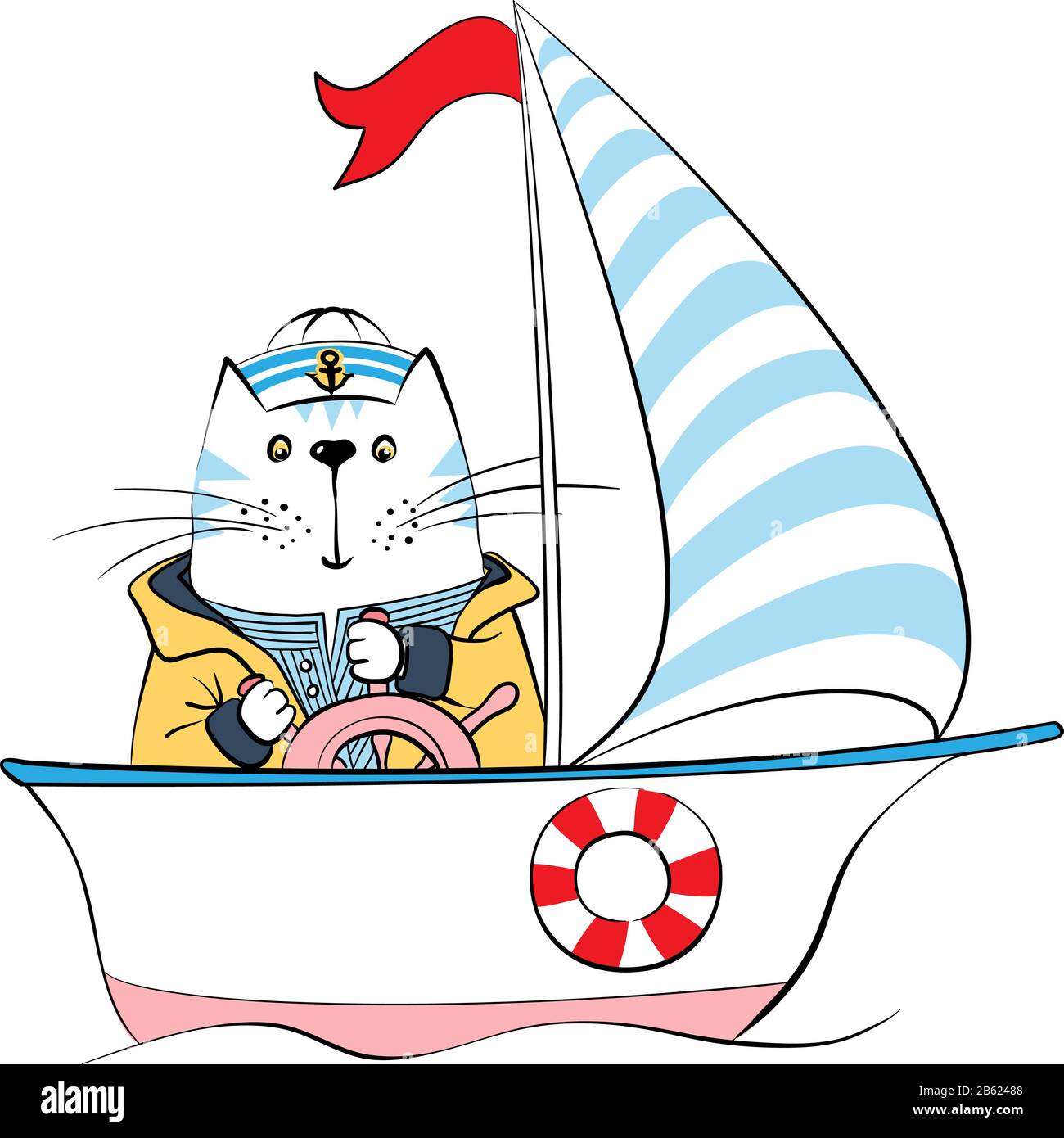 Lindo capitán de gato en traje de marinero al timón del barco, dibujos animados dibujados a mano ilustración vectorial Ilustración del Vector