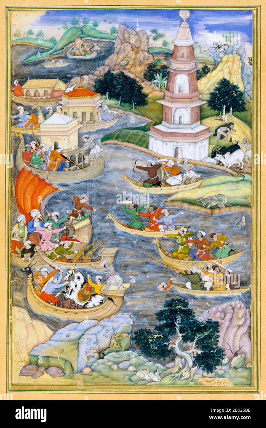 Alejandro Magno lucha una batalla en el mar, ilustración de Dharmadas, inspirada por Amir Khusrau Dihlavi, 1597-1598 Foto de stock
