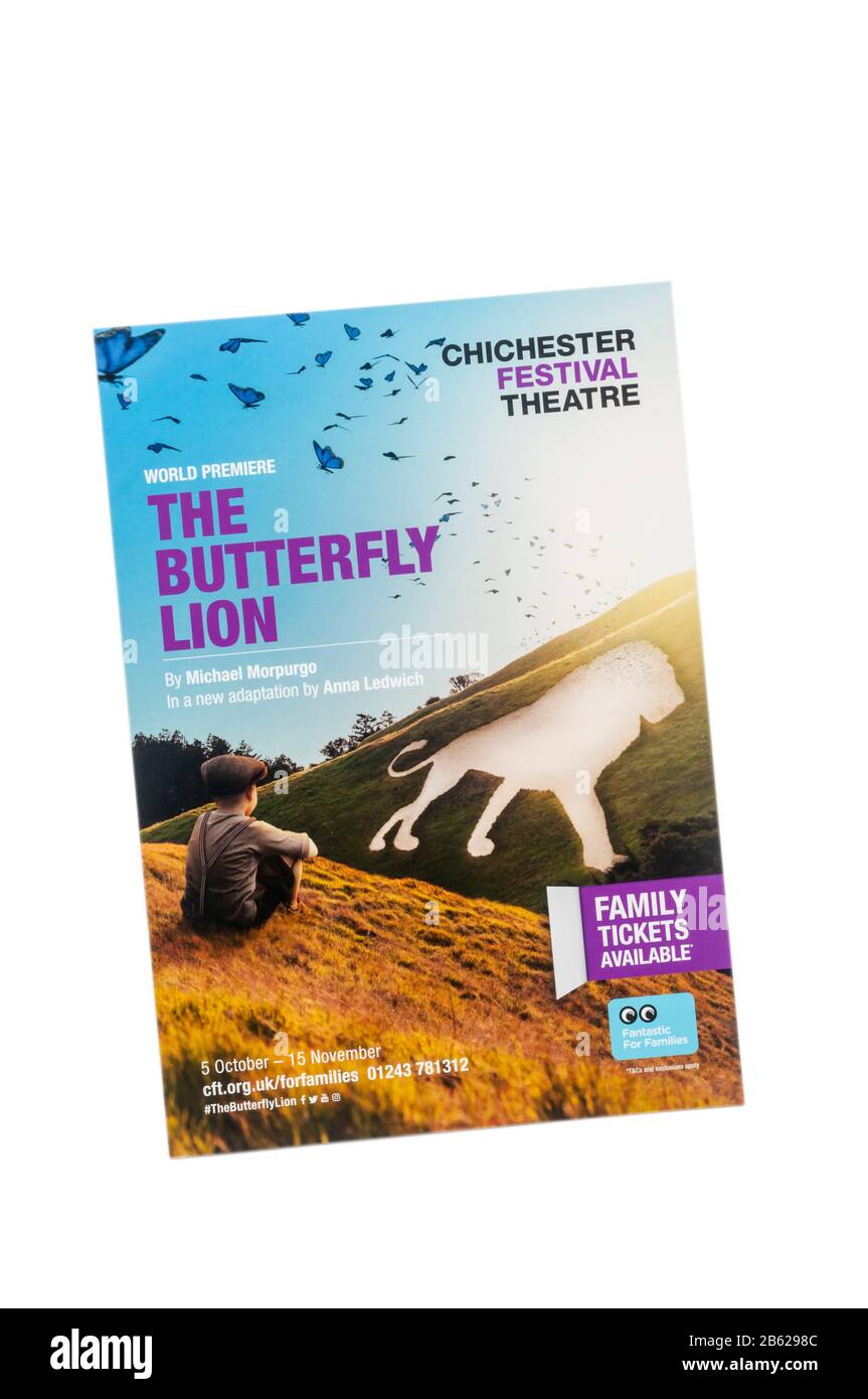 Folleto promocional para 2019 Chichester Festival producción teatral Del León de Mariposas de Michael Morpurgo, adaptado por Anna Ledwich. Foto de stock