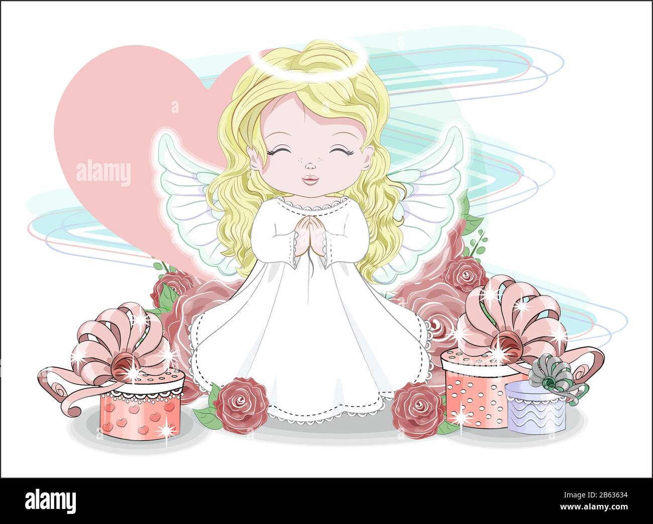 Valentín lindo bebé niña ángel, con su corazón y regalos en Roses. Imagen  de dibujo a mano alzada, del estilo de dibujos animados para t-shirt el  desgaste de la moda, diseño de