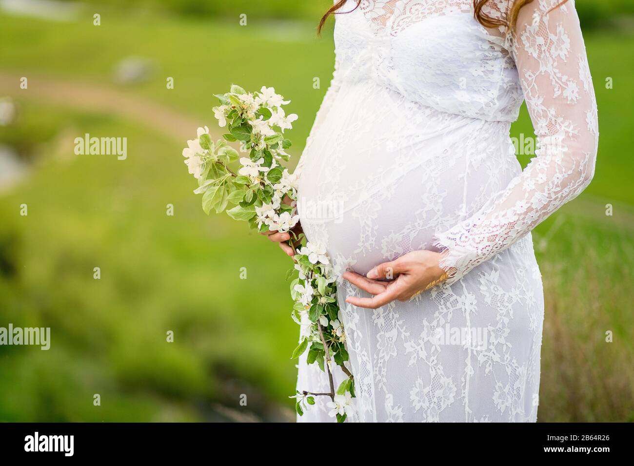 Embarazada vestido largo blanco flores fotograf as e im genes de