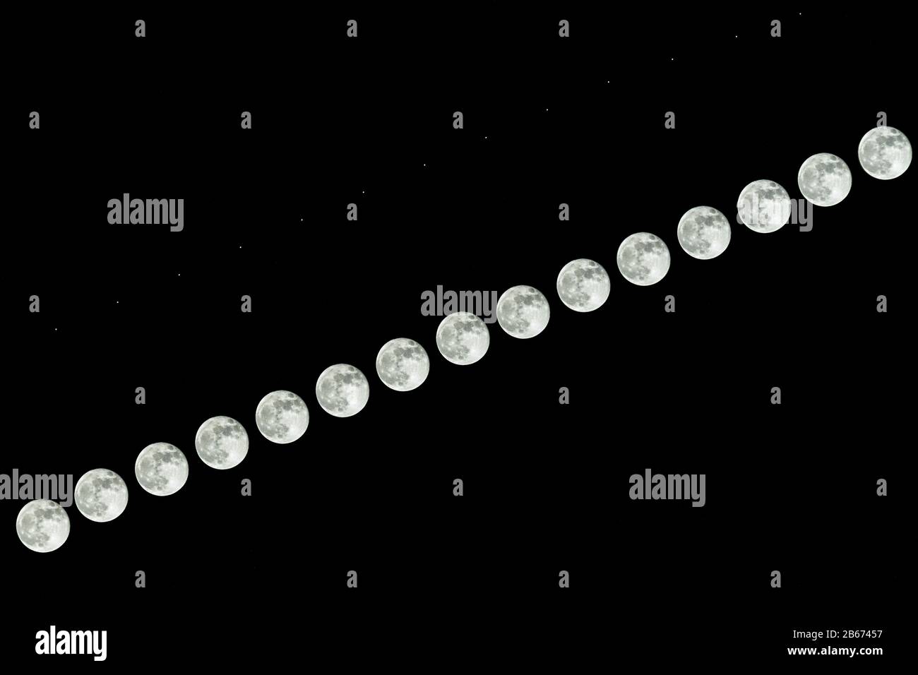 Secuencia que muestra la Luna y Júpiter elevándose a través de un cielo nocturno de invierno Foto de stock