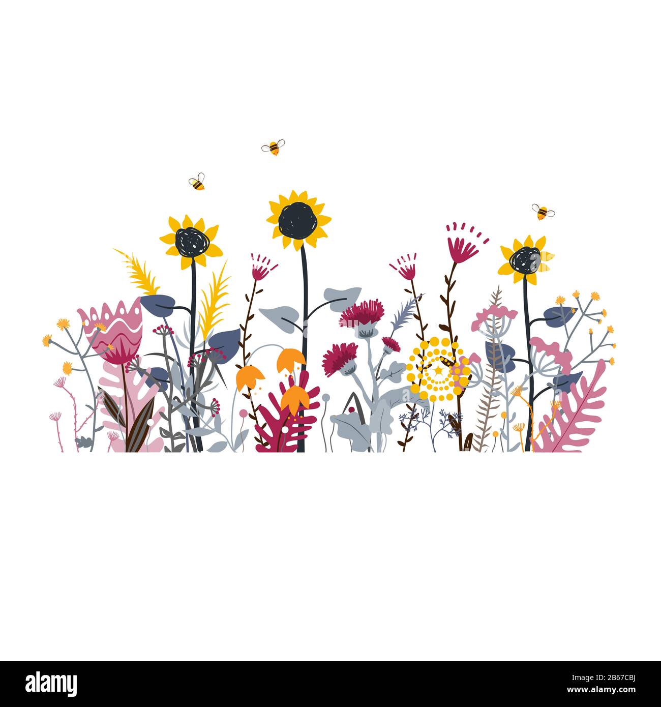 Flores silvestres y de pradera miel escena. Vector naturaleza fondo con hierbas silvestres dibujadas a mano, flores y hojas en blanco. Ilustración del Vector