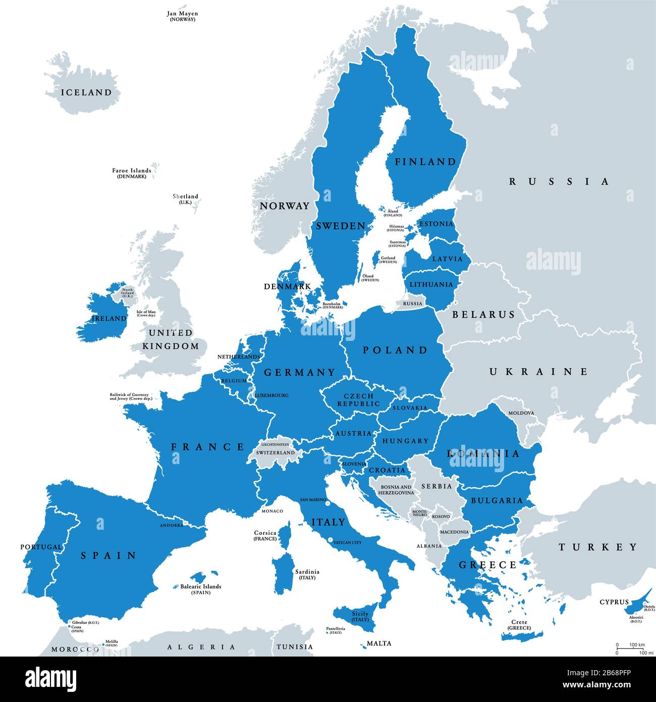 Mapa político de los estados miembros de la Unión Europea. 27 estados miembros de la UE, después de la salida del Reino Unido. No se incluyen los territorios especiales de los Estados miembros. Foto de stock