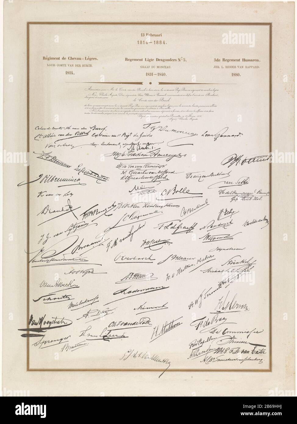 13, febrero de 1814 a 1884 (objeto del título) firmas de los presentes. Relacionado con la hoja con una visión general de los diversos uniformes usados por los comandantes Regimiento Dragoons en el período 1814-1884. Dónde: Aparentemente hecho con ocasión del 70º aniversario del Regimiento en 1884. Fabricante : impresor: Anónimo lugar de fabricación: Países Bajos Fecha: 1884 Características Físicas: Litografía impresa en oro y negro material: Papel Técnica: Litografía (técnica) / color dimensiones: Hoja: H 590 mm × W 440 mmToelichtingNiet en Frederick Muller; añadido por RPK nummer. Fecha: 1814 - 1884 Foto de stock