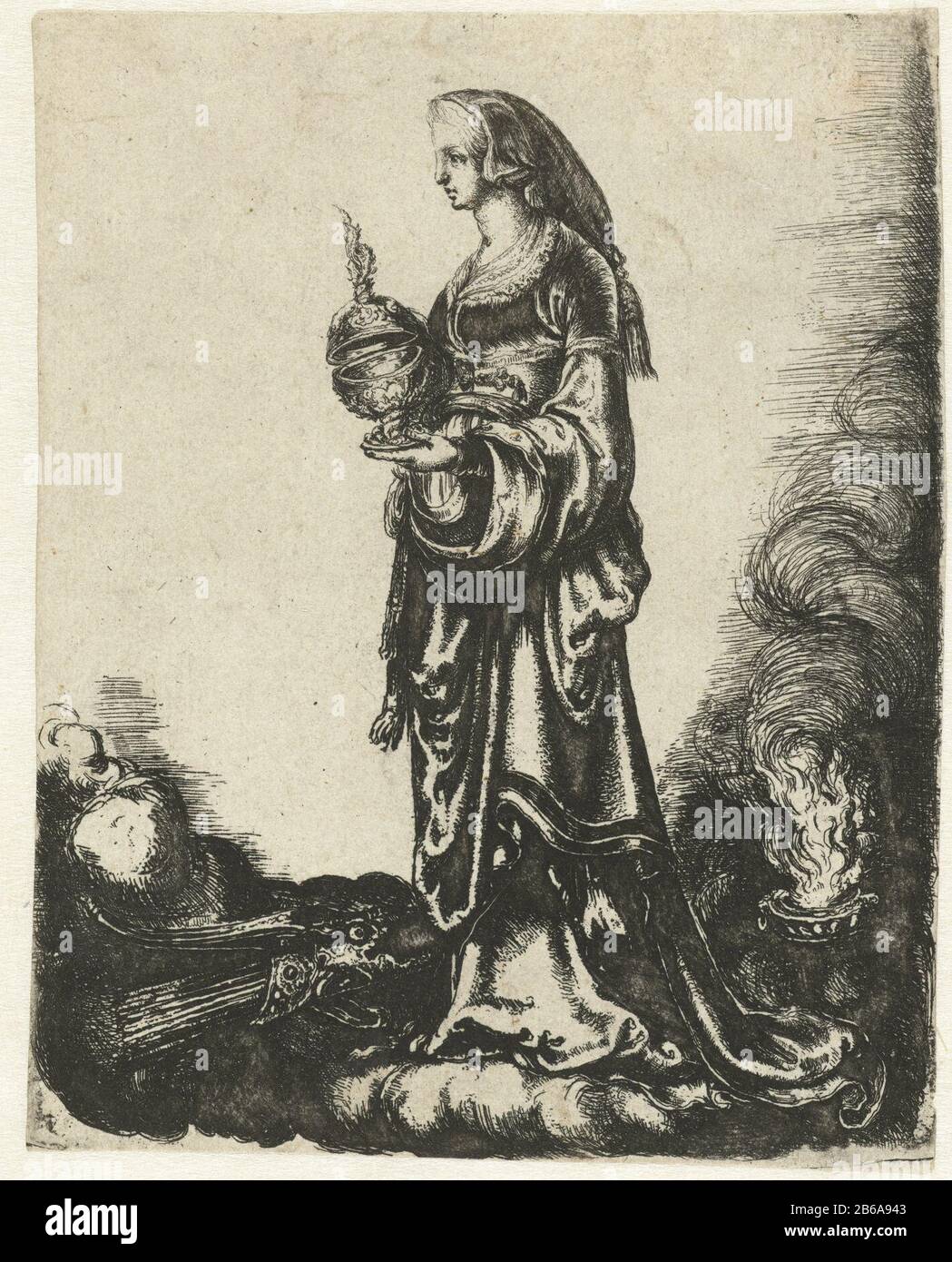 Alegoría de mujer con copa de pie sobre nube Alegoría de felicidad Pandora  Alegoría con mujer de pie sobre una nube con una taza con tapa en su mano.  Justo al lado