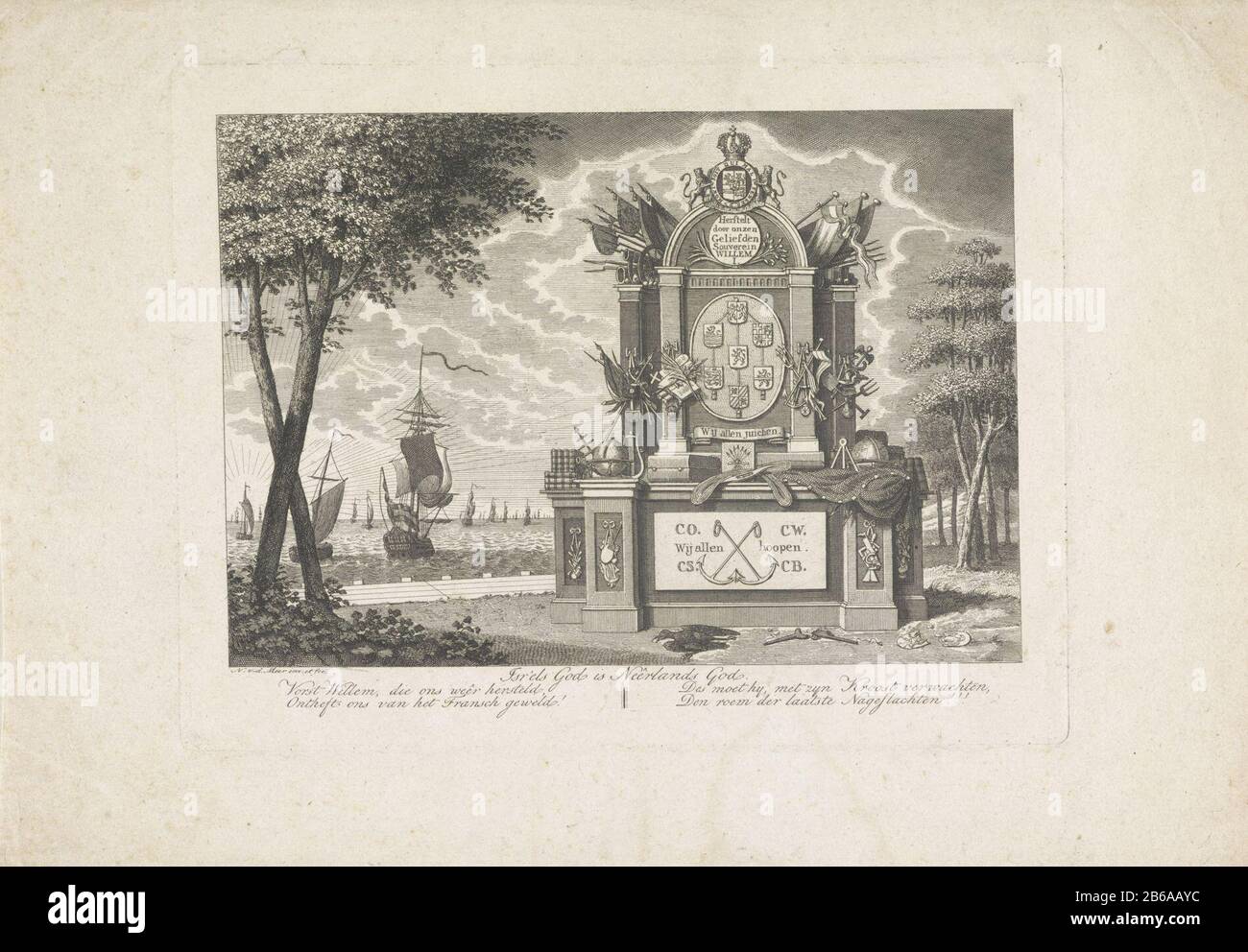 Alegoría de la liberación de los países Bajos, la caída de los franceses y la restauración del príncipe de Orange como príncipe 1813. Paisaje con monumento las provincias
