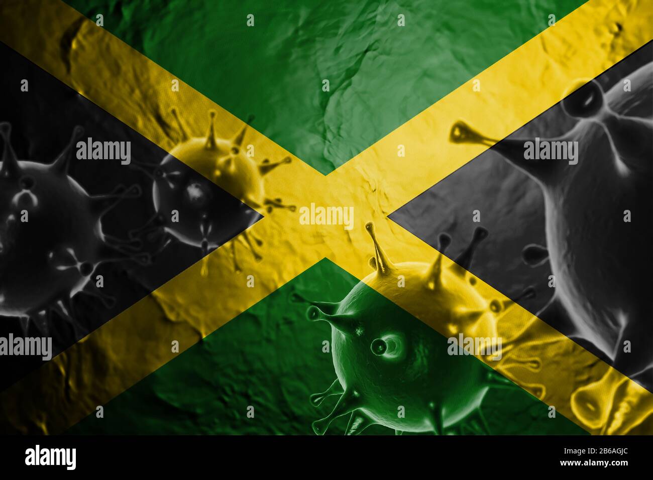 ILUSTRACIÓN 3D DEL VIRUS CON BANDERA de Jamaica, CORONAVIRUS