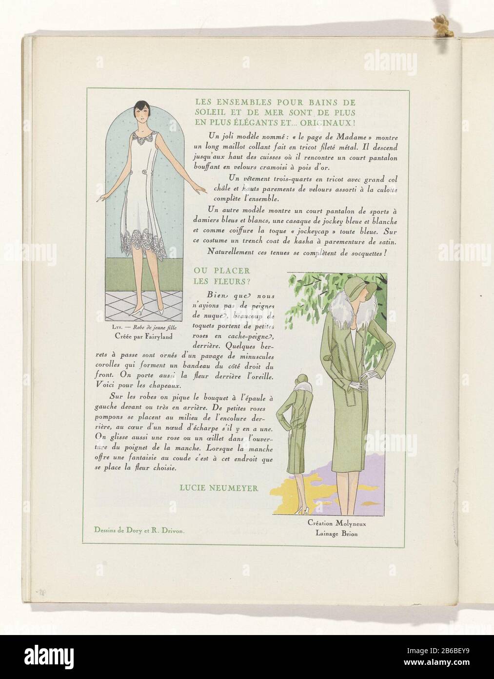 Texto de la ropa de verano. Ilustraciones: Superior izquierda: Vestido  blanco para una mujer joven, diseñado por Fairyland. Abajo a la derecha:  Manto verde de lana con cuello de piel, Molyneux. Página