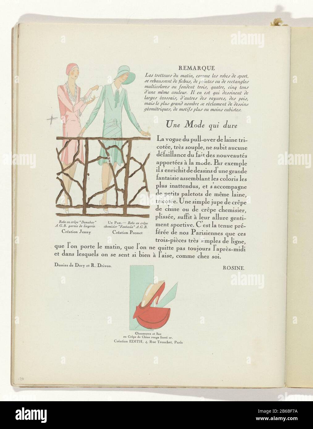 Dos mujeres jóvenes en vestidos y Jenny Premet. Zapatos y bolso Edith.  Página de la revista de moda Art-Gout-Beauté (1920-1933) . Fabricante : al  dibujo: R. DRIVON (edificio catalogado) impresor: Anónimo diseñador