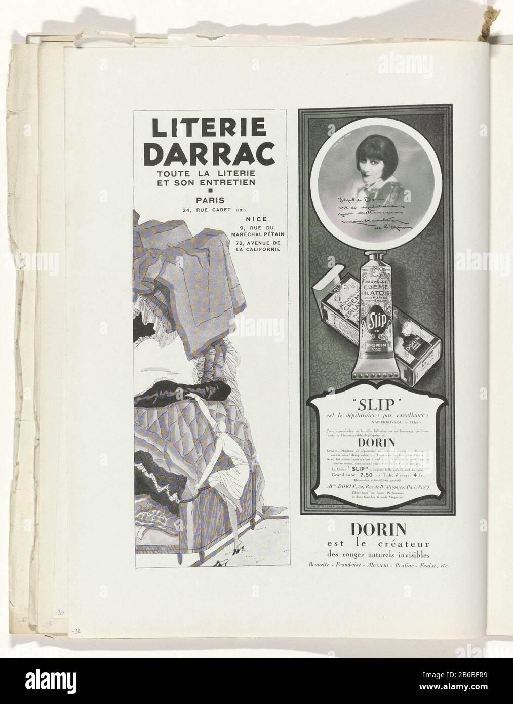 Dos anuncios para ropa de cama y depilatory. Página de la revista de moda  Art-Gout-Beauté (1920-1933) . Fabricante : editor Charles Goy (edificio de  la lista) Fecha: 1929 Características Físicas: Material de