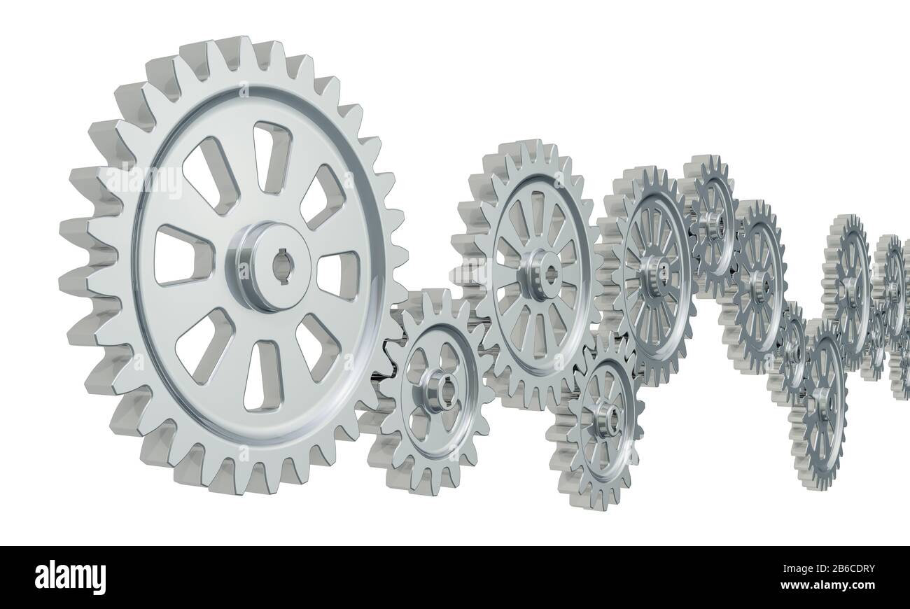 Engranajes y mecanismos de rueda dentada. Antecedentes técnicos abstractos, renderizado en 3D Foto de stock