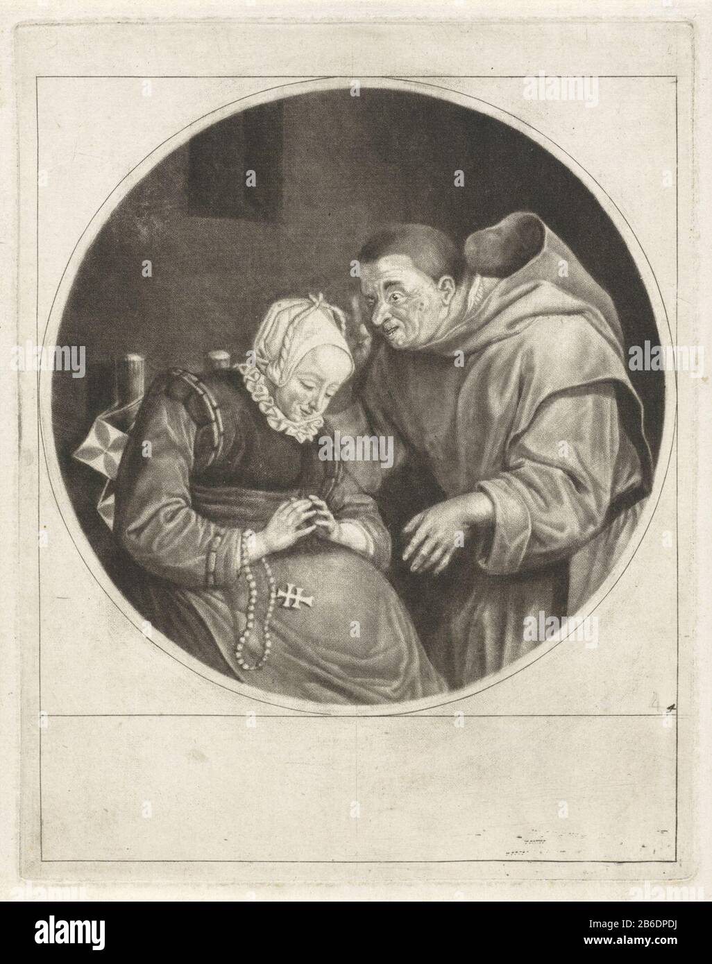 Monjes Biecht y Nonnen (título de serie) un monje exhorta a una mujer  sentada. Ella tiene un rosario alrededor de su muñeca. La impresión forma  parte de una serie de seis impresiones