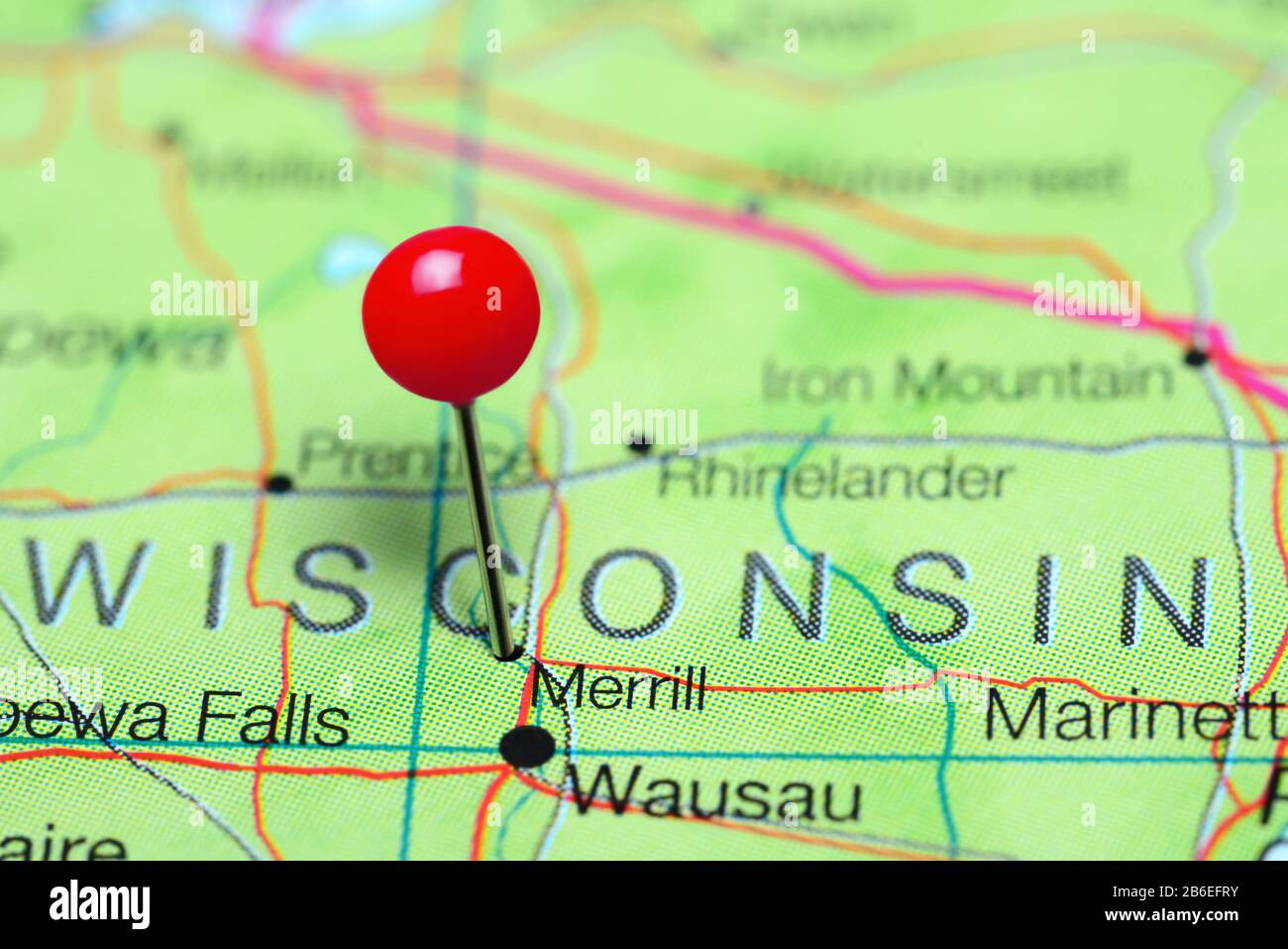 Merrill cubrió un mapa de Wisconsin, Estados Unidos Foto de stock