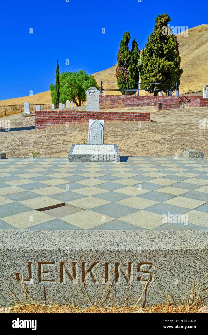 Lápidas de Jenkins, Seeveler H Daam y Rees G. Thomas en el cementerio Rose Hill, Black Diamond Mines, Nortonville, Antioch, California, EE.UU Foto de stock