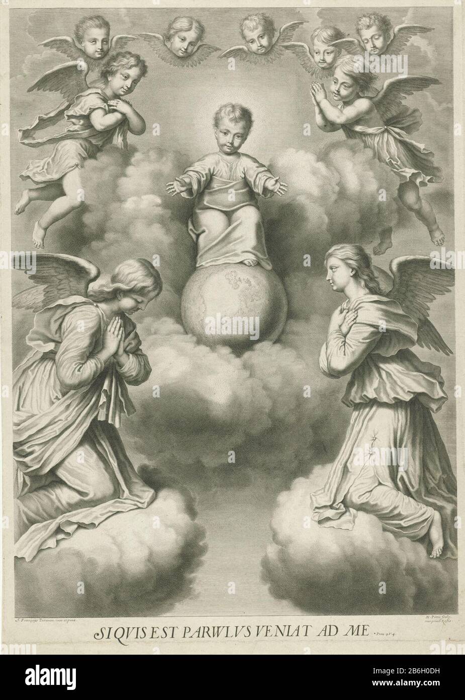 Niño Cristo como Salvador Mundi el Niño Cristo entroneó en un globo en el  cielo y haciendo un gesto de bienvenida. Está rodeado de querubines y  ángeles con sus manos apretadas en