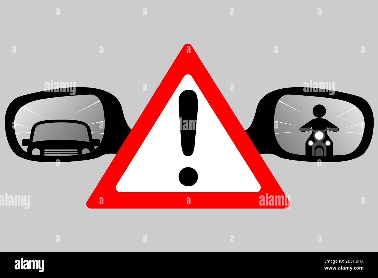 Triángulo rojo con signo de exclamación y espejos retrovisores con reflejo de automóvil y motocicleta Ilustración del Vector