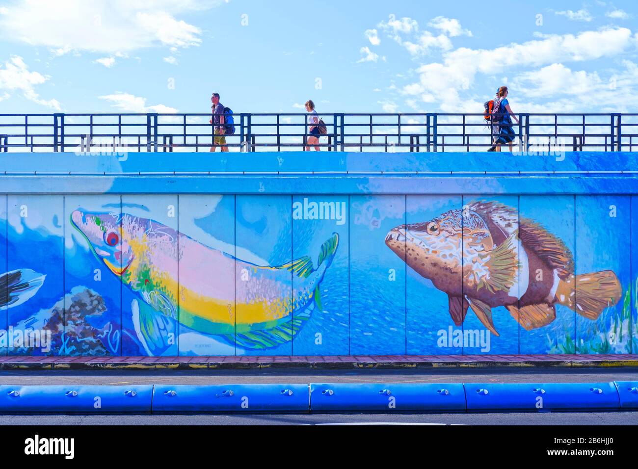 Muro del puerto con pinturas de animales marinos más grandes que la vida, los Cristianos, Tenerife, Islas Canarias, España Foto de stock