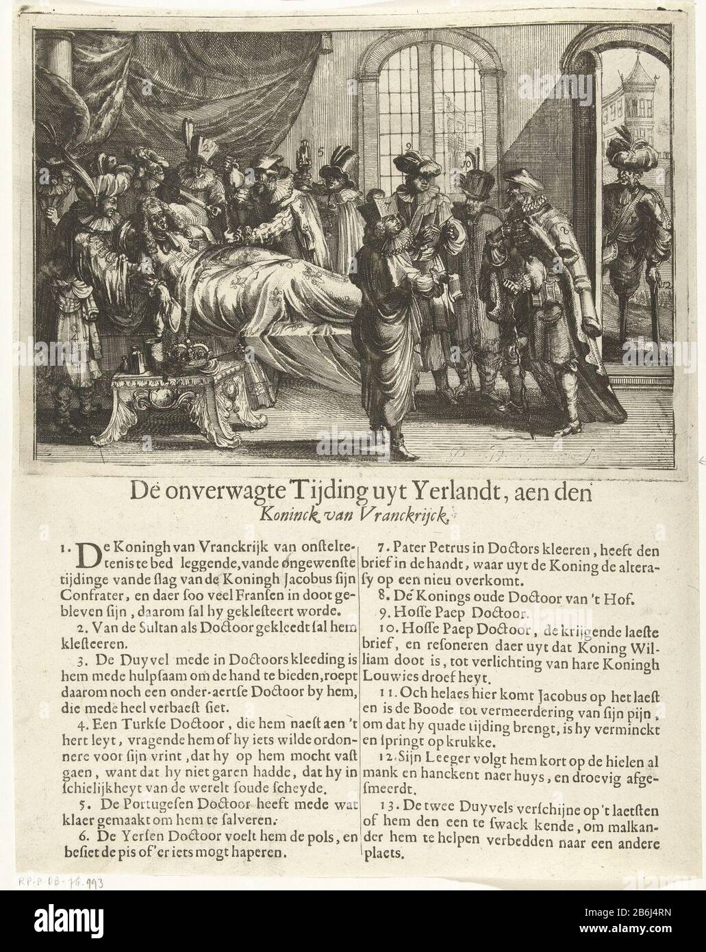 Las noticias inesperadas de Irlanda, 1690 la tierra wagte Tijding uyt  Yerlandt, aen el Koninck de Vranckrijck (objeto de título) las noticias  inesperadas de Irlanda. El rey Luis XIV está enfermo en