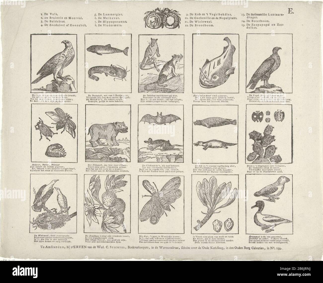 Animales y plantas Hoja con 15 representaciones de todo tipo de animales.  Con la parte superior del sello de la Sociedad para el Bienestar público 's  General. Debajo de cada imagen hay