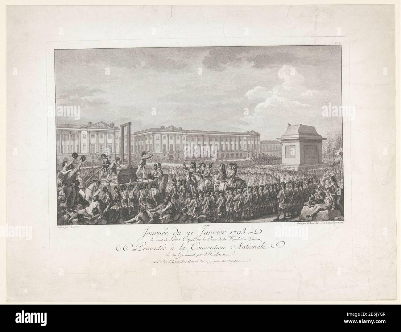 El rey Luis XVI a la guillotina decapitado en La Place de la Revolution, 21  de enero de 1793. Arriba a la derecha numerada: Nº 8. Fabricante :  impresor: Isidore Stanislas Henri