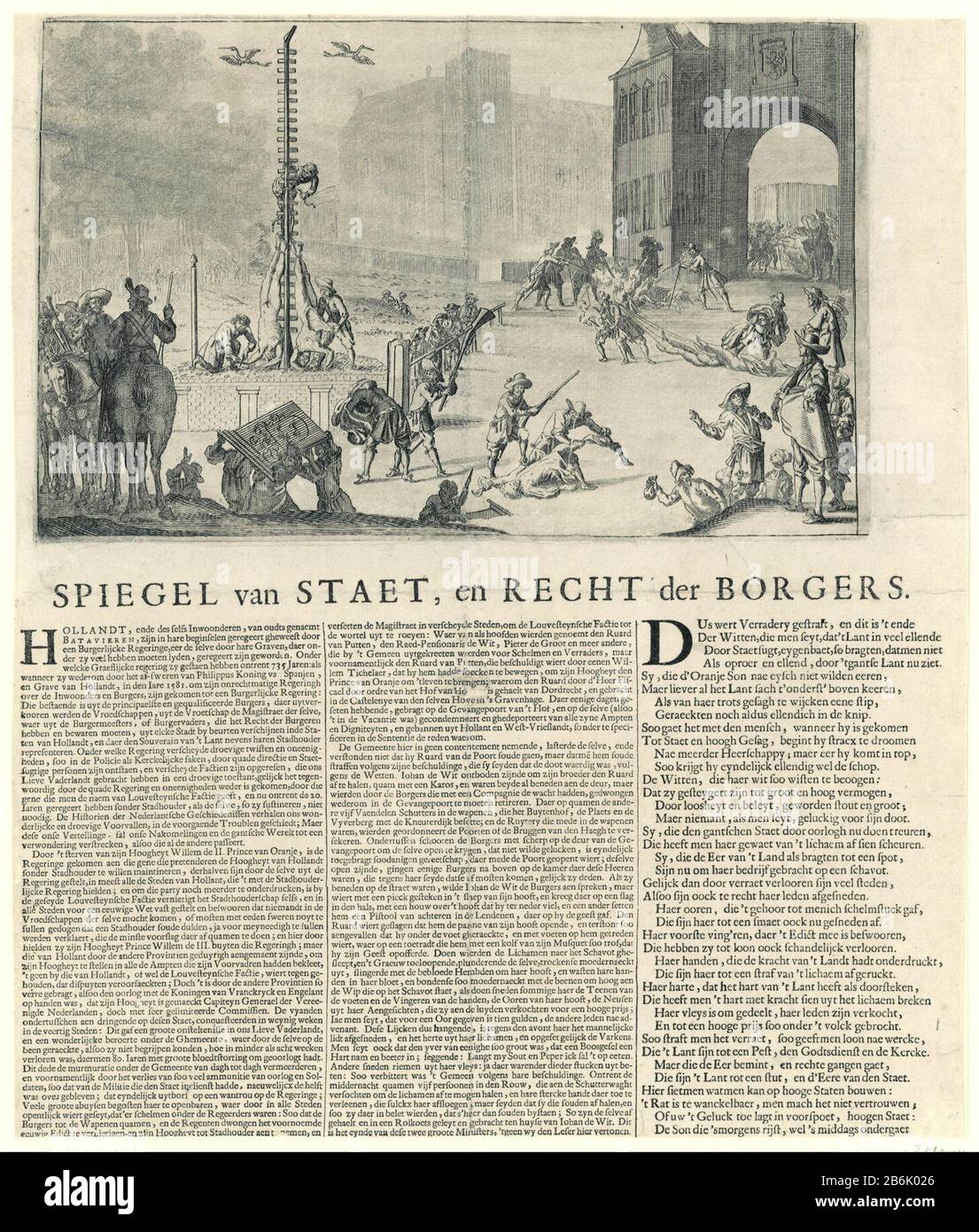 Muerte de los Hermanos de Witt y mutilación de sus cuerpos, 1672 espejo de  Staet, Y la Ley de Borgers (objeto de título) Hoja con una representación  del asesinato de los hermanos