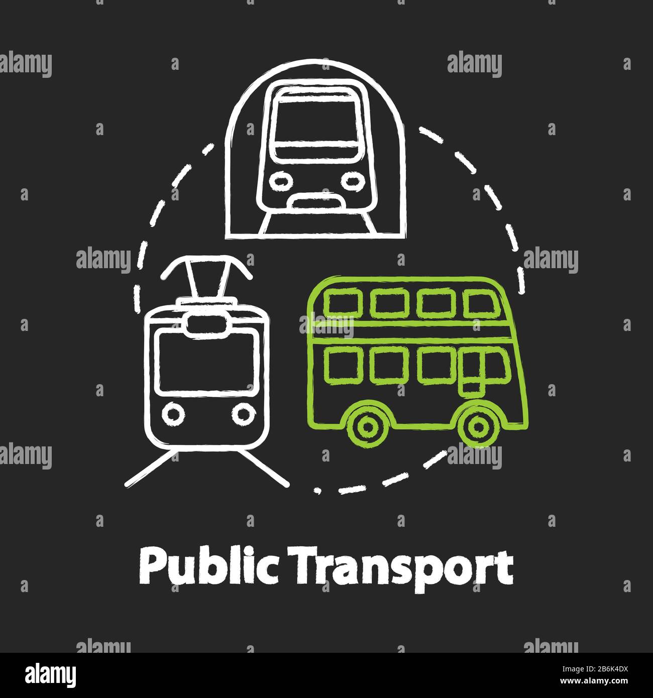 Icono de concepto de color RGB de tiza para transporte público. Los medios  de viaje asequibles, el turismo barato idea. Metro tren, autobús y tranvía  Vector aislado Imagen Vector de stock -