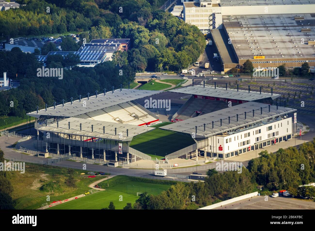 RWE-estadio en Hafenstrasse en Essen, campo de fútbol de Rot-Weiss-Essen, 17.09.2014, vista aérea, Alemania, Renania del Norte-Westfalia, Ruhr Area, Essen Foto de stock