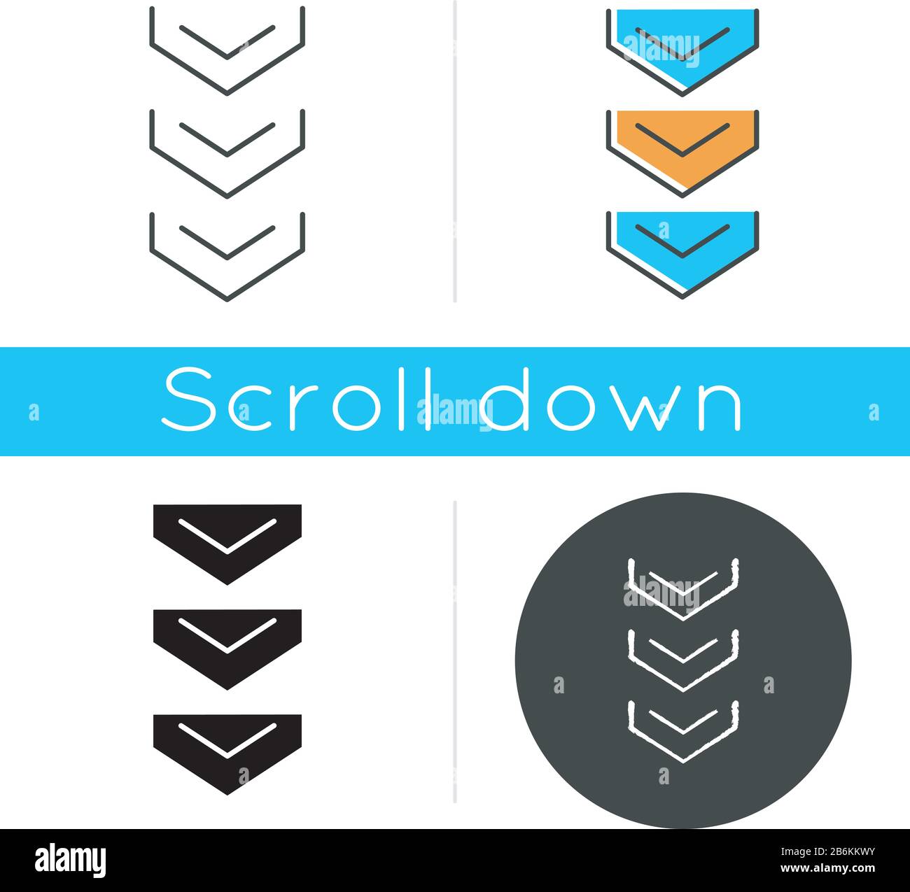 Icono de botón de flechas de desplazamiento hacia abajo. Tres puntas de flecha hacia abajo